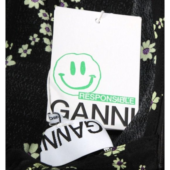 NWT GANNI Crepe Floral Print Mini Dress in Black Margarita Ruffle  sz 36 /655 - Picture 10 of 10